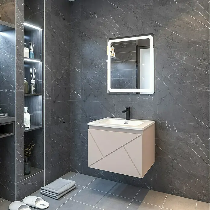 Disbain Conjunto de mueble de baño Lira - Ancho: 60 cm, Maquillaje, 3 pzs. - Un baño moderno con un lavabo flotante rosa y un espejo iluminado, destacando el diseño elegante.