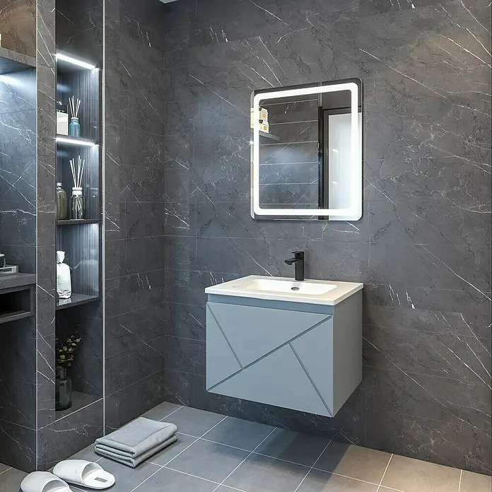 Disbain Conjunto de mueble de baño Lira - Ancho: 60 cm, Azul soho, 3 pzs. - Baño moderno con un lavabo azul claro con diseño geométrico y un espejo iluminado.