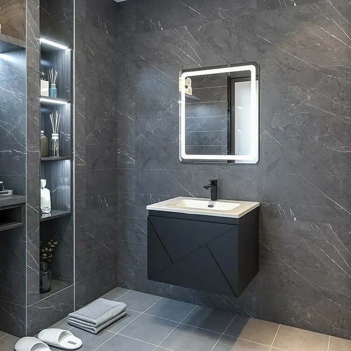 Disbain Conjunto de mueble de baño Lira - Ancho: 60 cm, Negro, 3 pzs. - Interior de baño moderno con mármol oscuro, mueble de lavabo, espejo iluminado y estantes elegantes para un ambiente elegante.