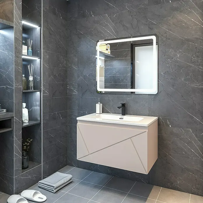 Disbain Conjunto de mueble de baño Lira - Ancho: 80 cm, Maquillaje, 3 pzs. - Elegante lavabo de baño con mueble color beige claro y espejo iluminado sobre pared de mármol gris.