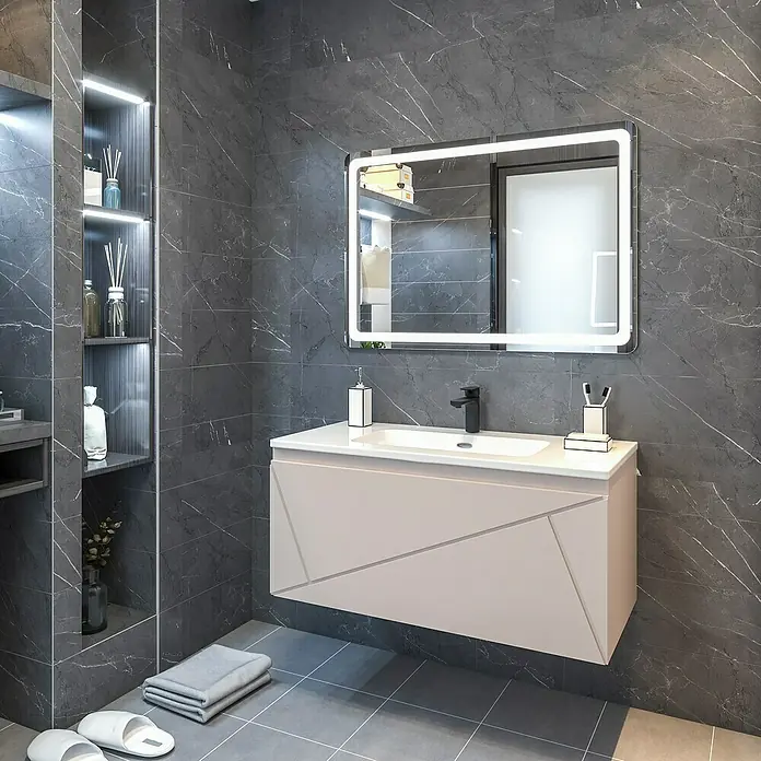 Disbain Conjunto de mueble de baño Lira - Ancho: 100 cm, Maquillaje, 3 pzs. - Interior de baño moderno con mueble de lavabo blanco, espejo iluminado y elegantes baldosas grises.