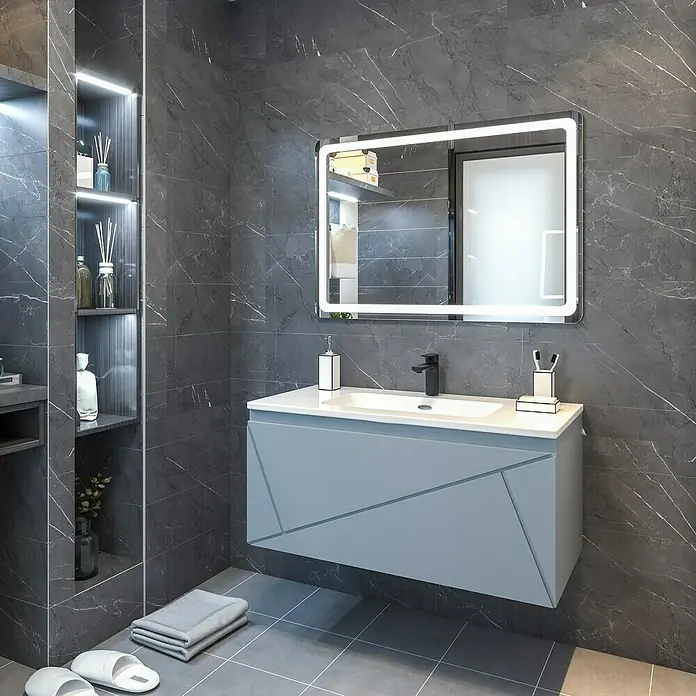 Disbain Conjunto de mueble de baño Lira - Ancho: 100 cm, Azul soho, 3 pzs. - Elegante baño con moderno mueble de lavabo azul, espejo iluminado y azulejos de mármol oscuro para un diseño contemporáneo.