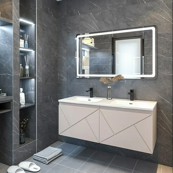 Disbain Conjunto de mueble de baño Lira - Ancho: 120 cm, Maquillaje, 3 pzs. - Elegante interior de baño con doble lavabo en rosa pálido, espejo LED moderno y revestimiento de pared de mármol oscuro.