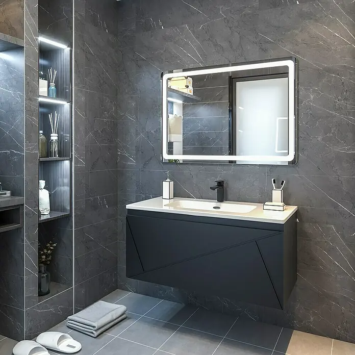 Disbain Conjunto de mueble de baño Lira - Ancho: 100 cm, Negro, 3 pzs. - Moderno baño con un elegante mueble de lavabo negro con lavabo, espejo iluminado y azulejos grises para un ambiente elegante.