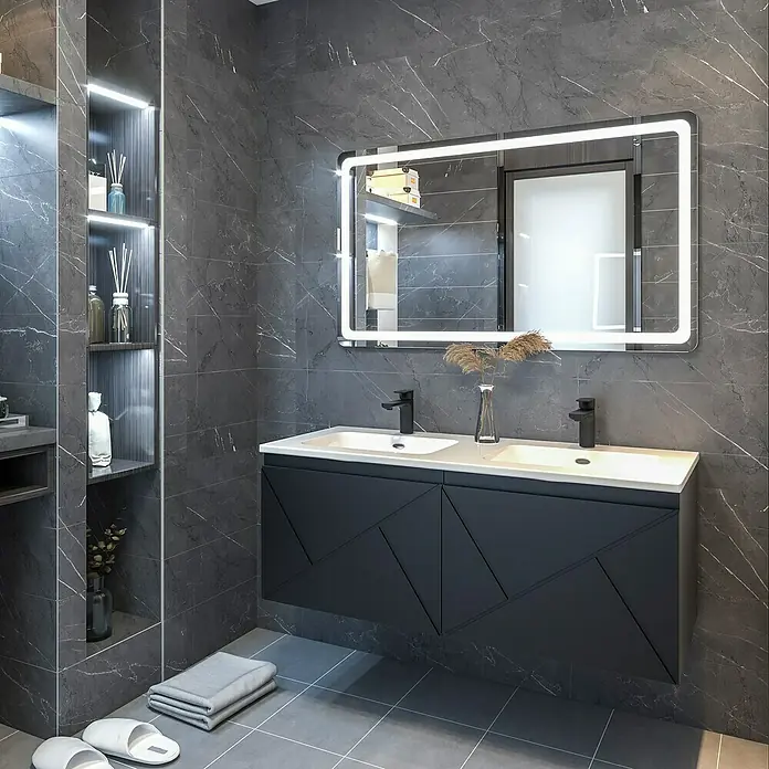 Disbain Conjunto de mueble de baño Lira - Ancho: 120 cm, Negro, 3 pzs. - Baño moderno con doble lavabo en azul oscuro, espejo iluminado y detalles elegantes para un ambiente sofisticado.