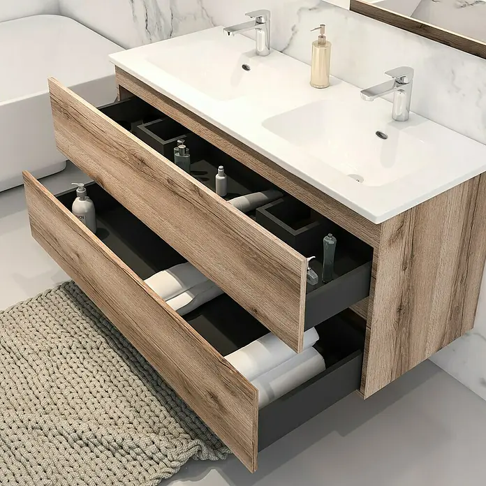 Disbain Conjunto de mueble de baño Vega - Ancho: 120 cm, Cognac, 2 pzs. - Moderno mueble de baño con sistema de cajones abiertos para un almacenamiento elegante en el baño. El mueble destaca por un diseño contemporáneo.