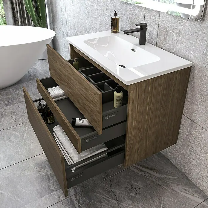 Disbain Conjunto de mueble de baño Kuntur - Ancho: 80 cm, Nogal italiano, 3 pzs. - Lavabo de baño moderno con armario de madera abierto, ideal para un almacenamiento elegante y un ambiente contemporáneo.