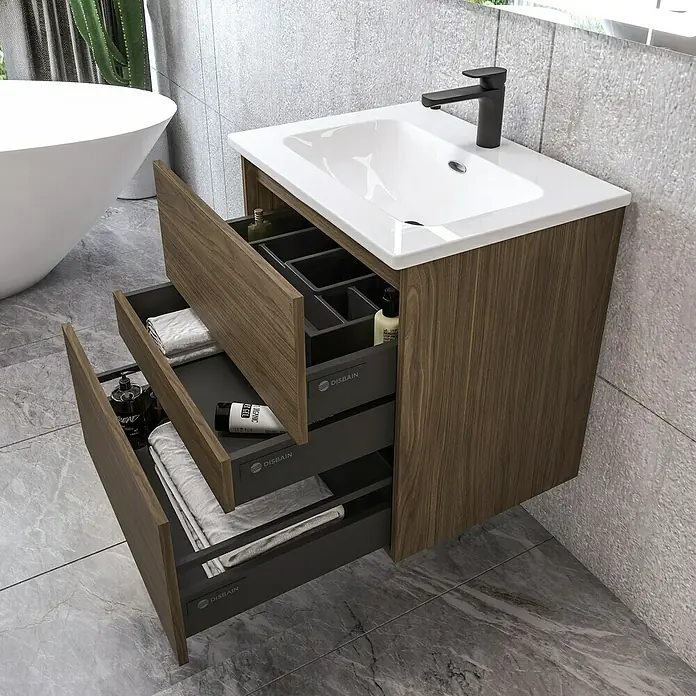 Disbain Conjunto de mueble de baño Kuntur - Ancho: 60 cm, Nogal italiano, 3 pzs. - Aquí hay un tocador de baño con un diseño de cajón abierto y almacenamiento debajo del lavabo para la organización. Su diseño elegante complementa los baños modernos.