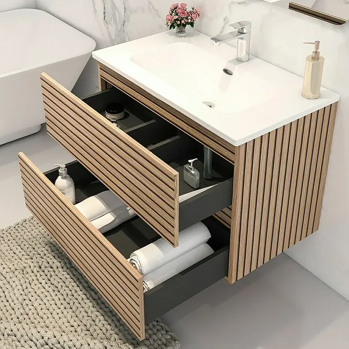 Disbain Conjunto de mueble de baño Vega - Ancho: 80 cm, Acacia, 2 pzs. - Elegante mueble de baño con dos cajones, diseño en madera e interior gris para un baño moderno.