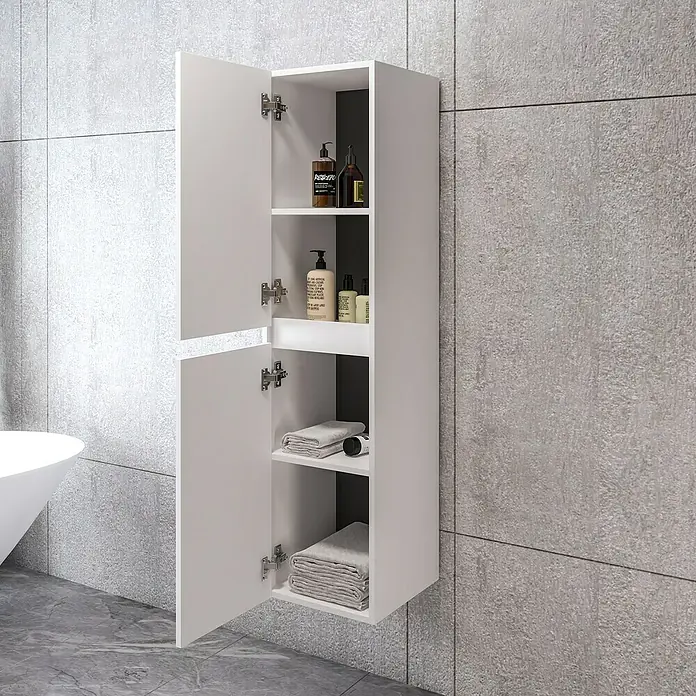 Disbain Armario colgante de baño Kuntur - L x An x Al: 35 x 35 x 140 cm, Blanco - Foto de un mueble de baño blanco con dos puertas abiertas, mostrando cosméticos y toallas guardados dentro.