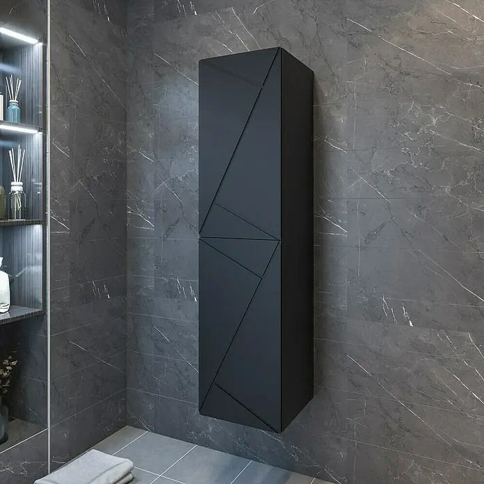 Disbain Armario colgante de baño Lira - L x An x Al: 35 x 35 x 140 cm, Negro - Elegante armario alto de pared negro para baño con diseño geométrico, que combina estética moderna y espacio de almacenamiento.