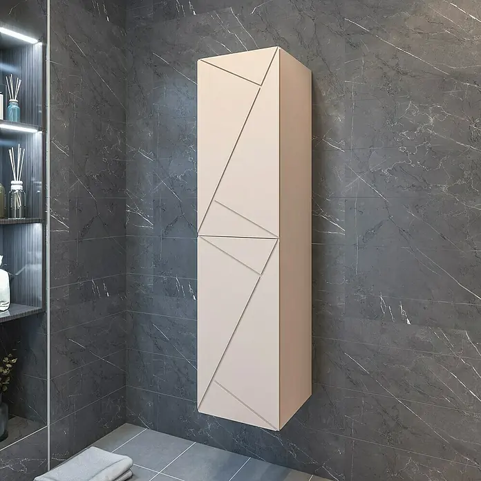 Disbain Armario colgante de baño Lira - L x An x Al: 35 x 35 x 140 cm, Maquillaje - Elegante baño con un alto y moderno armario con patrones geométricos y estanterías con elementos decorativos.