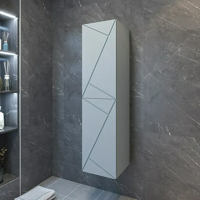 Disbain Armario colgante de baño Lira - L x An x Al: 35 x 35 x 140 cm, Azul soho - Mueble de baño gris de pared con diseño geométrico moderno. Solución de almacenamiento práctica para un baño elegante.