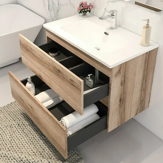Disbain Conjunto de mueble de baño Vega - Ancho: 80 cm, Cognac, 2 pzs. - Mueble de lavabo con dos cajones y lavabo. Los cajones están abiertos, mostrando accesorios de baño.