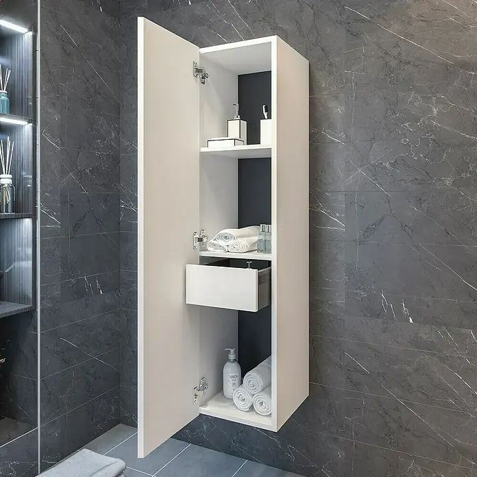 Disbain Armario colgante de baño Lira - L x An x Al: 35 x 35 x 140 cm, Blanco - Armario de pared blanco para baño con puerta abierta, con estantes, toallas, cajón y artículos de aseo contra una pared de mármol.