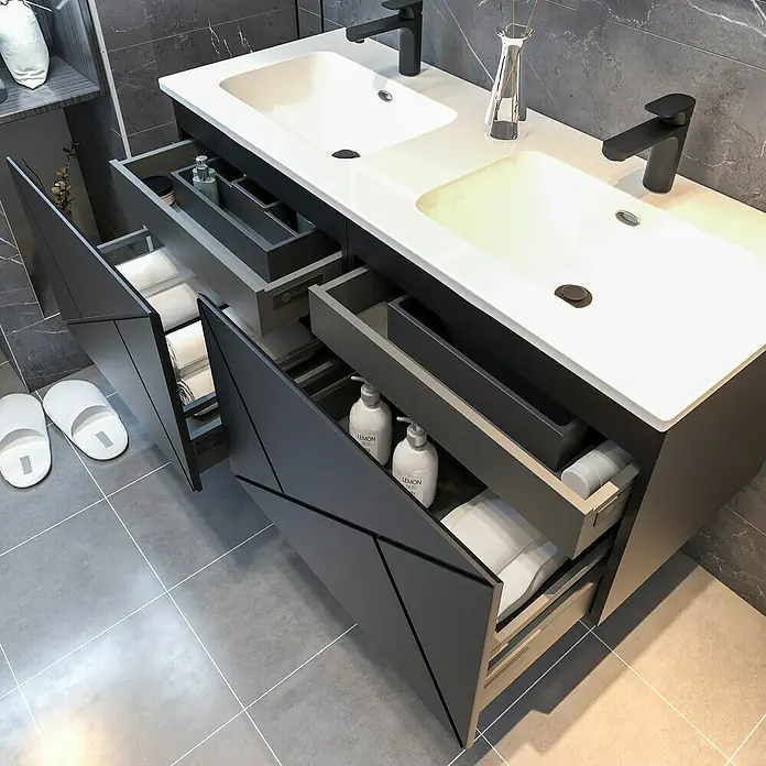 Disbain Conjunto de mueble de baño Lira - Ancho: 120 cm, Negro, 3 pzs. - Imagen de un moderno mueble de baño doble en gris con cajones abiertos, que muestra almacenamiento y diseño elegante.