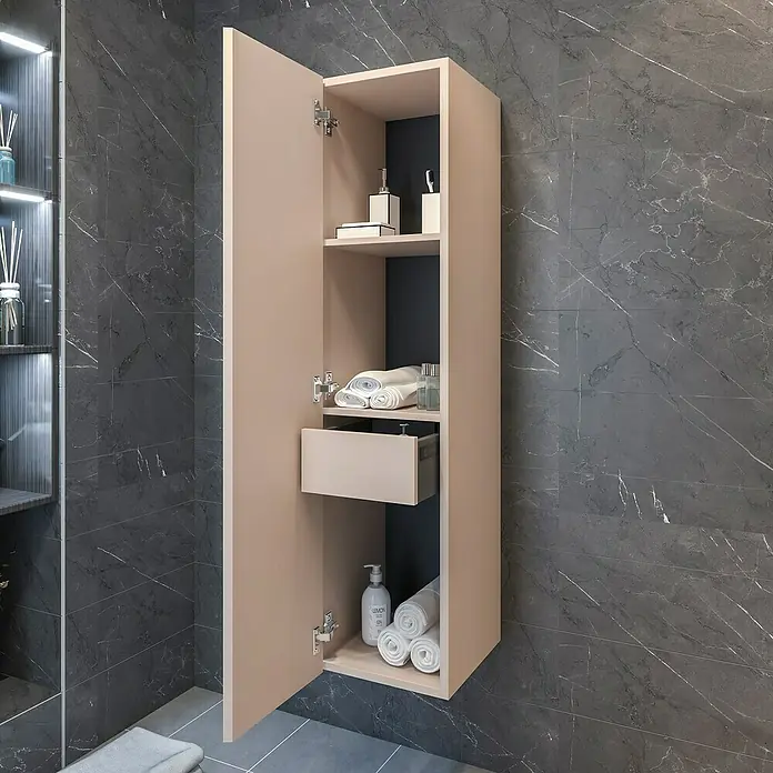 Disbain Armario colgante de baño Lira - L x An x Al: 35 x 35 x 140 cm, Maquillaje - Un armario de baño beige abierto con toallas y productos cosméticos, que ofrece una solución de almacenamiento práctica.