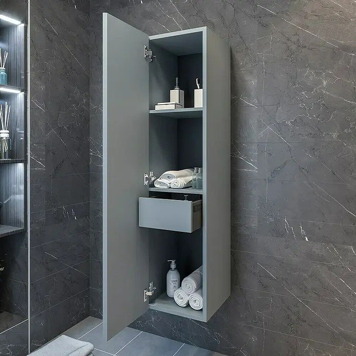Disbain Armario colgante de baño Lira - L x An x Al: 35 x 35 x 140 cm, Azul soho - Imagen de una cómoda de baño gris, montada en la pared con puerta abierta, que muestra estantes y toallas en el interior.