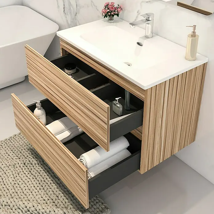 Disbain Conjunto de mueble de baño Vega - Ancho: 80 cm, Bambú, 2 pzs. - Mueble de baño con lavabo y dos cajones abiertos. El diseño moderno ofrece mucho espacio de almacenamiento.