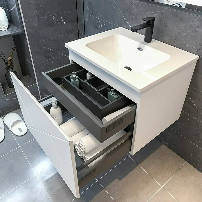 Disbain Conjunto de mueble de baño Lira - Ancho: 60 cm, Blanco, Mate, 2 pzs. - Baño moderno con mueble de lavabo con lavabo y sistema de cajones abiertos para un almacenamiento elegante de elementos.