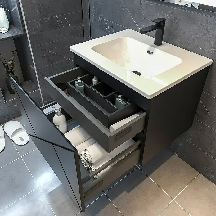 Disbain Conjunto de mueble de baño Lira - Ancho: 60 cm, Negro, 3 pzs. - Elegante lavabo de baño con sistema de cajones abiertos para guardar artículos de tocador y toallas. Diseño contemporáneo.
