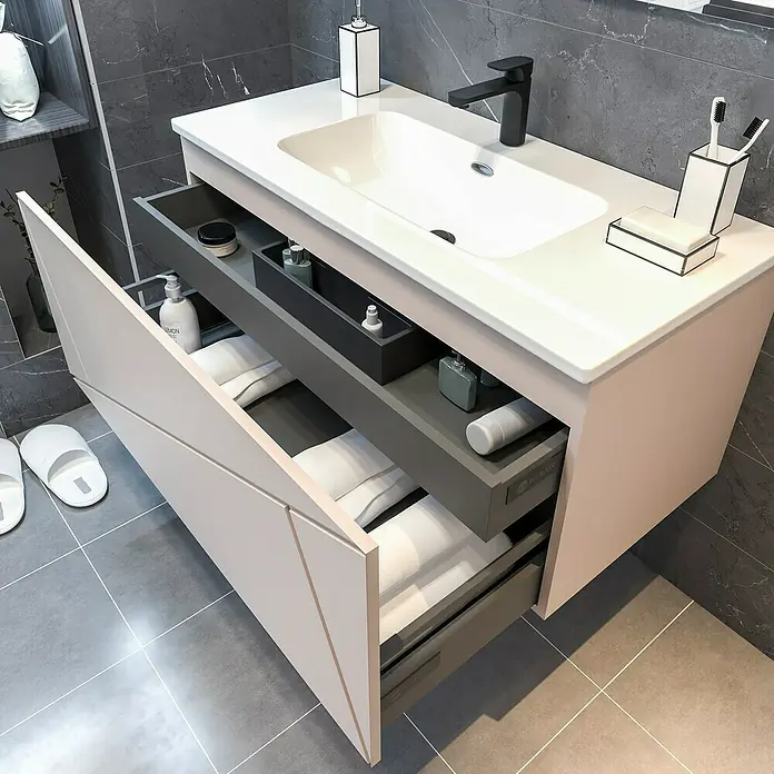 Disbain Conjunto de mueble de baño Lira - Ancho: 100 cm, Maquillaje, 3 pzs. - Un tocador moderno con un sistema de cajones abiertos, que combina un diseño elegante y un almacenamiento práctico en el baño.