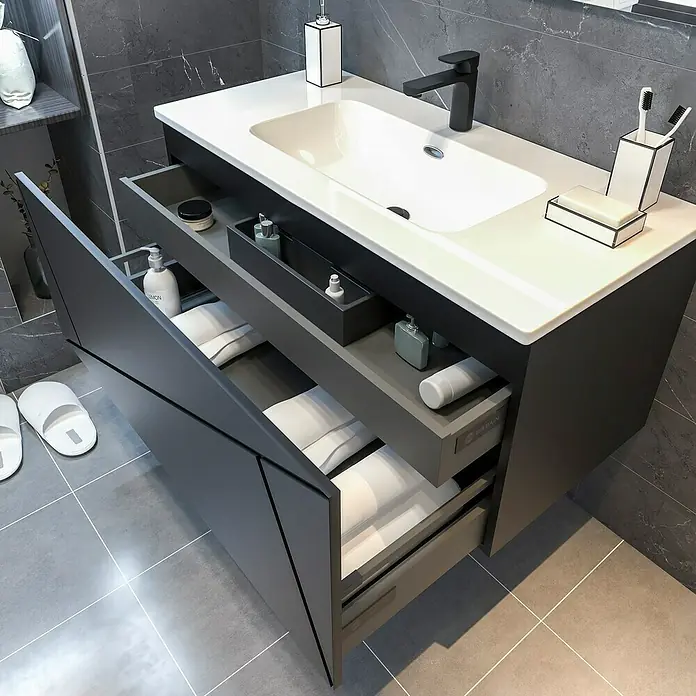 Disbain Conjunto de mueble de baño Lira - Ancho: 100 cm, Negro, 3 pzs. - Este mueble de baño gris tiene cajones para guardar cosas y ofrece un diseño de baño moderno con mucho espacio.