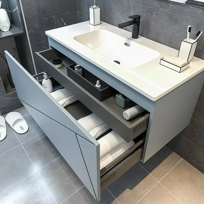 Disbain Conjunto de mueble de baño Lira - Ancho: 100 cm, Azul soho, 3 pzs. - Mueble de baño con cajones abiertos y encimera de lavabo blanca y gris. Diseño contemporáneo con espacio de almacenamiento.