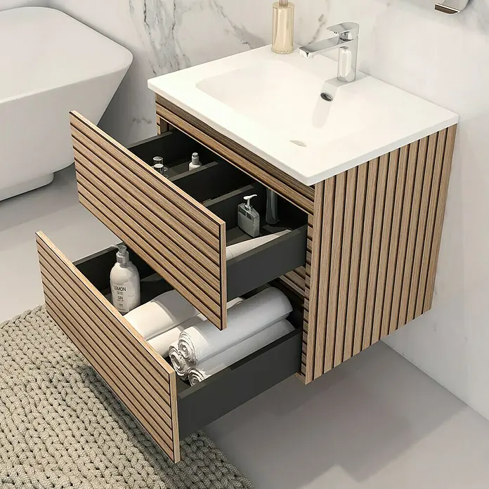 Disbain Conjunto de mueble de baño Vega - Ancho: 60 cm, Acacia, 2 pzs. - Mueble de baño moderno con dos cajones, frente de listones de madera y lavabo. Ideal para un diseño de baño elegante.
