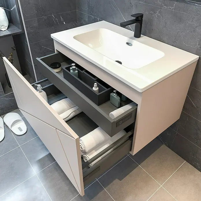 Disbain Conjunto de mueble de baño Lira - Ancho: 80 cm, Maquillaje, 3 pzs. - Mueble de baño moderno con lavabo y armario abierto con cajones. Los cajones ofrecen espacio para artículos de tocador y toallas.