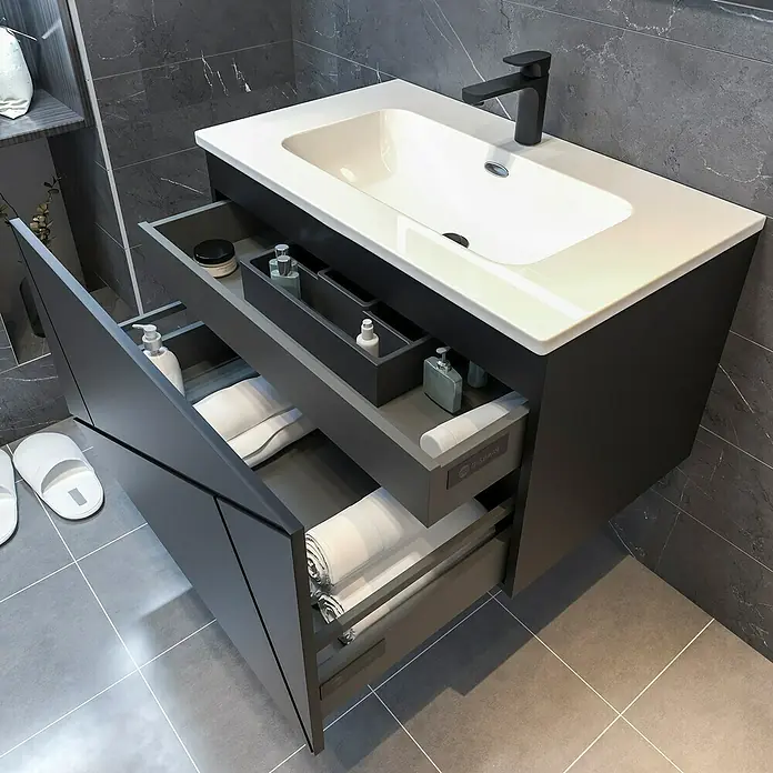 Disbain Conjunto de mueble de baño Lira - Ancho: 80 cm, Negro, Mate, 2 pzs. - Moderno lavabo de baño con cajones para guardar productos cosméticos y toallas.