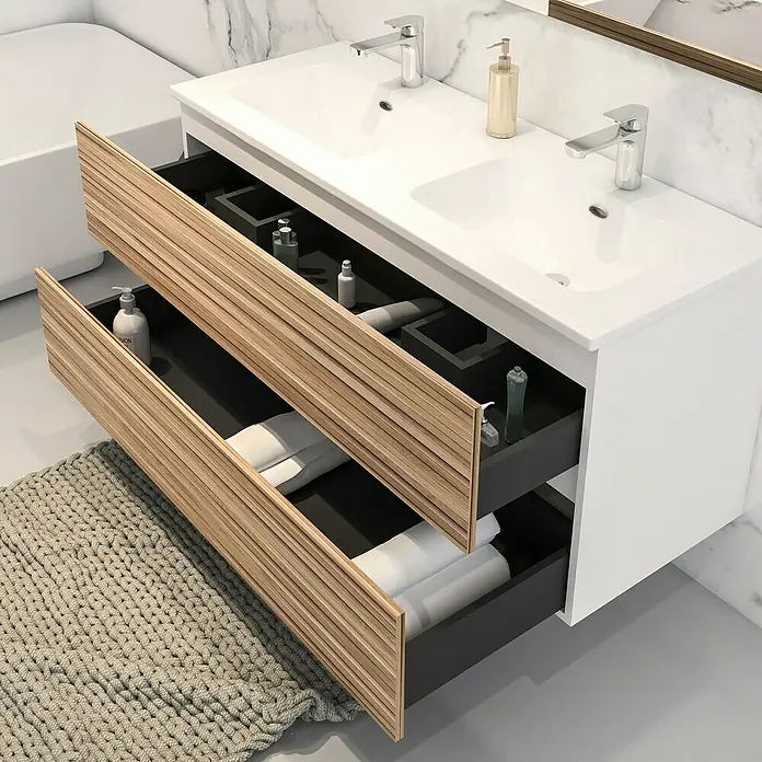 Disbain Conjunto de mueble de baño Vega - Ancho: 120 cm, Blanco/Bambú, 2 pzs. - Moderno tocador doble con sistema de cajones de madera abiertos para un elegante almacenamiento en el baño.