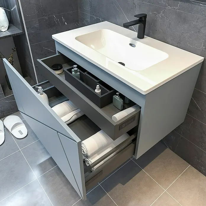 Disbain Conjunto de mueble de baño Lira - Ancho: 80 cm, Azul Soho, Mate, 2 pzs. - Moderno mueble de baño con lavabo, sistema de cajones abiertos y solución de almacenamiento elegante para un baño organizado.