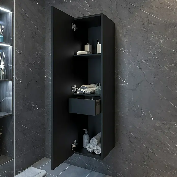 Disbain Armario colgante de baño Lira - L x An x Al: 35 x 35 x 140 cm, Negro - Imagen de un mueble de baño negro con puertas abiertas, mostrando toallas y artículos de aseo.
