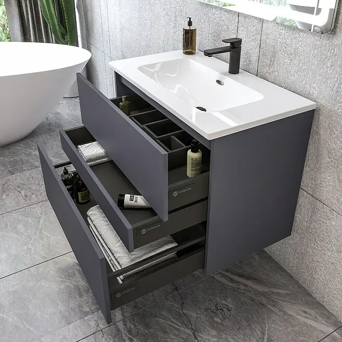 Disbain Conjunto de mueble de baño Kuntur - Ancho: 80 cm, Azul noche, 3 pzs. - El mueble de lavabo gris con tres cajones ofrece un amplio espacio de almacenamiento y un diseño moderno para cualquier baño.