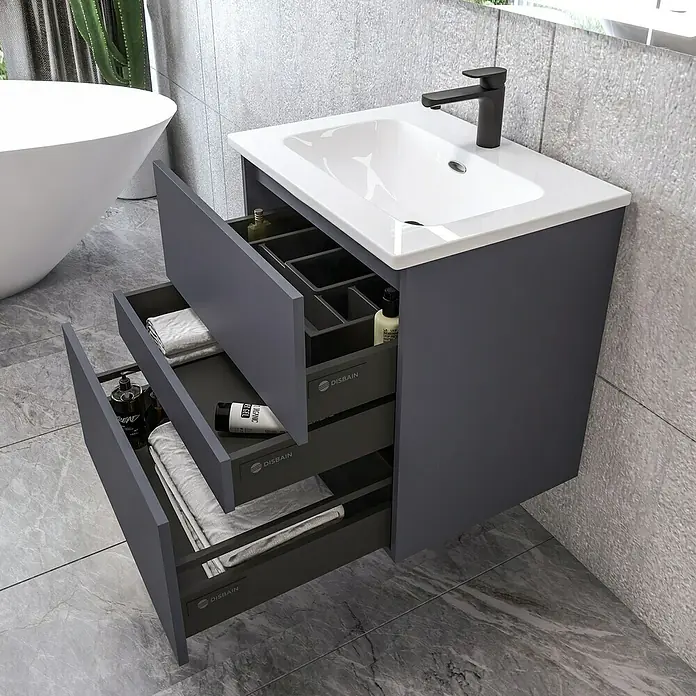 Disbain Conjunto de mueble de baño Kuntur - Ancho: 60 cm, Azul noche, Mate - Este mueble de baño gris con lavabo ofrece un almacenamiento práctico con tres cajones para un baño ordenado.