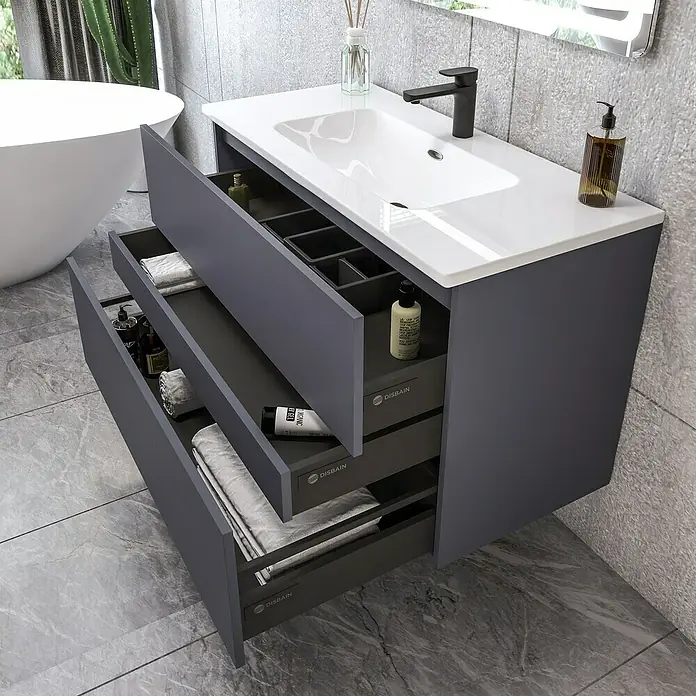 Disbain Conjunto de mueble de baño Kuntur - Ancho: 100 cm, Azul noche, Mate - Elegante mueble de baño gris con lavabo y cajones abiertos que muestran toallas y artículos de tocador. Diseño contemporáneo para cualquier baño.