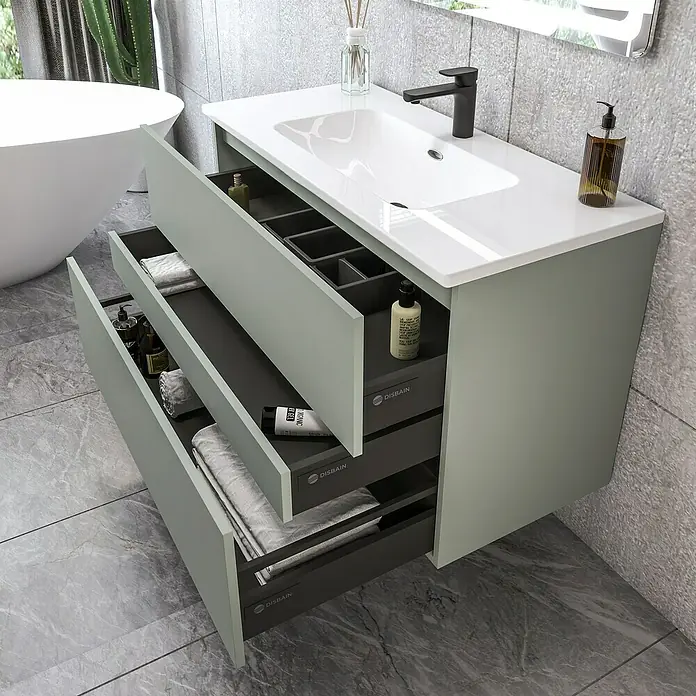 Disbain Conjunto de mueble de baño Kuntur - Ancho: 100 cm, Verde té, 3 pzs. - El mueble de baño gris cuenta con tres cajones con amplio espacio de almacenamiento y un diseño moderno y elegante.