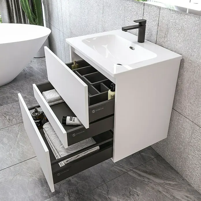 Disbain Conjunto de mueble de baño Kuntur - Ancho: 60 cm, Blanco, Mate - Moderno mueble de baño blanco con cajones abiertos, ideal para un almacenamiento elegante en el baño.