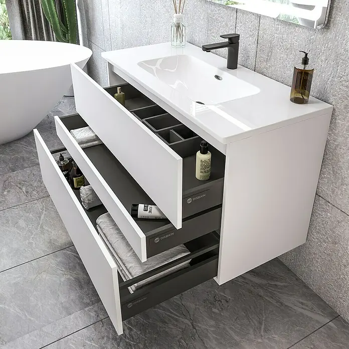 Disbain Conjunto de mueble de baño Kuntur - Ancho: 100 cm, Blanco, 3 pzs. - Lavabo de baño moderno blanco con cajones abiertos. El diseño elegante y los cajones oscuros ofrecen un amplio espacio de almacenamiento.