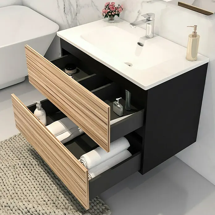 Disbain Conjunto de mueble de baño Vega - Ancho: 80 cm, Negro/Bambú, 2 pzs. - Tocador de baño moderno con dos cajones y un frente de madera elegante para almacenamiento adicional. Práctico y estético.