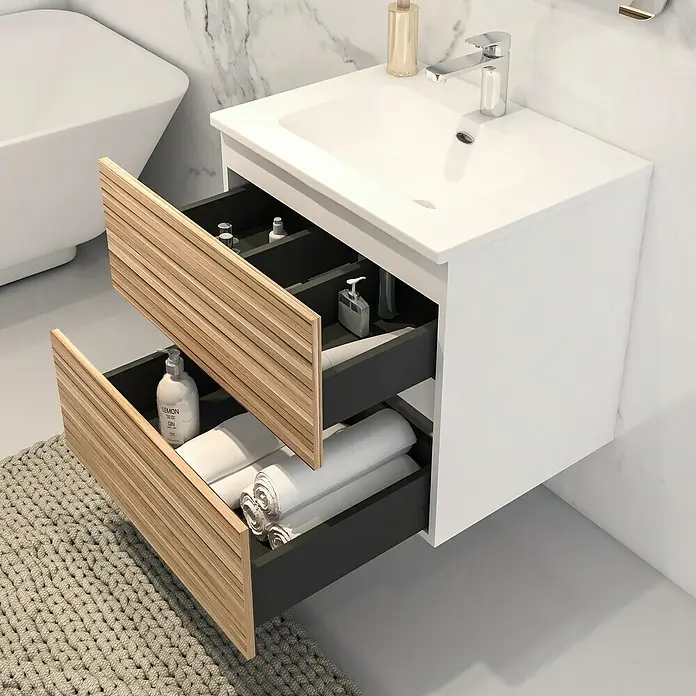 Disbain Conjunto de mueble de baño Vega - Ancho: 60 cm, Blanco/Bambú, 2 pzs. - Mueble de baño moderno con dos cajones y decoración de madera clara para un diseño elegante.