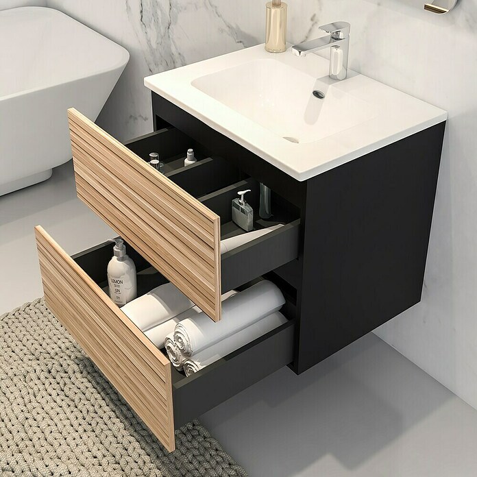 Disbain Conjunto de mueble de baño Vega (Ancho: 60 cm, Negro/Bambú, 2 pzs.) | BAUHAUS