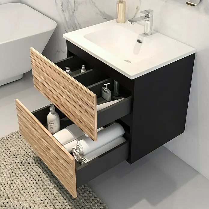 Disbain Conjunto de mueble de baño Vega - Ancho: 60 cm, Negro/Bambú, 2 pzs. - Mueble de baño con sistema de cajones abiertos con frentes de madera y lavabo en un baño moderno.