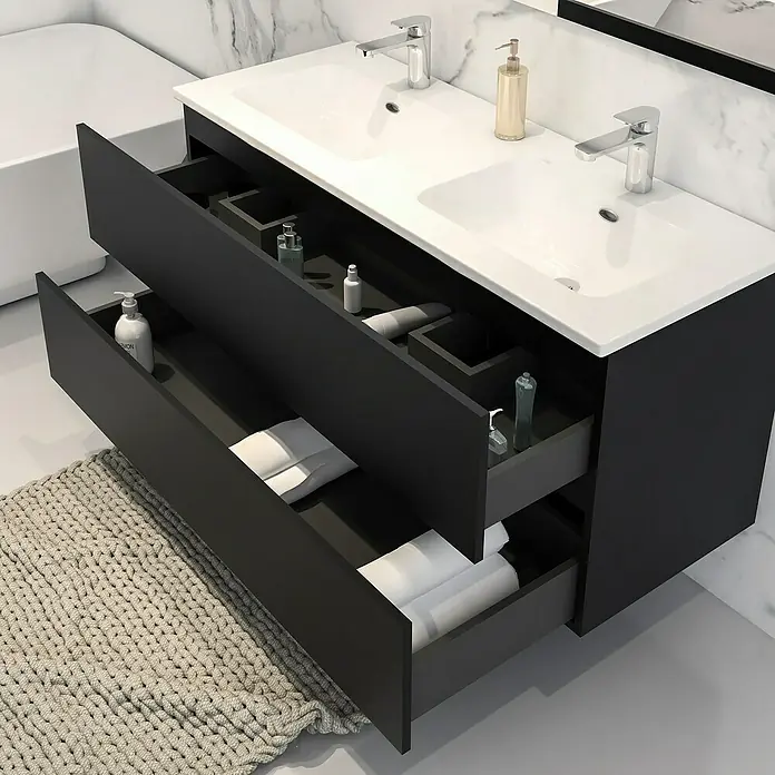 Disbain Conjunto de mueble de baño Vega - Ancho: 120 cm, Negro, 2 pzs. - Mueble de baño negro con dos cajones abiertos mostrando accesorios de baño y toallas, con doble lavabo.