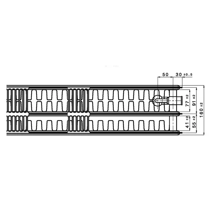 Flachheizkörper - B x H: 1.000 x 500 mm, Wärmeleistung bei Vorlauftemperatur von 75 °C (D: 50): 1.948 W, Typ Heizkörper: 33 - Detaillierte technische Zeichnung eines Heizkörpers mit genauen Maßangaben, ideal für Planungszwecke und Installation.