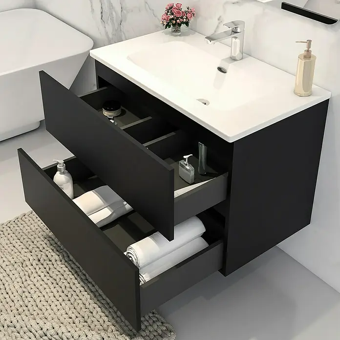 Disbain Conjunto de mueble de baño Vega - Ancho: 80 cm, Negro, 2 pzs. - Mueble de baño con lavabo y cajones abiertos. El diseño moderno ofrece mucho espacio de almacenamiento para utensilios y toallas.