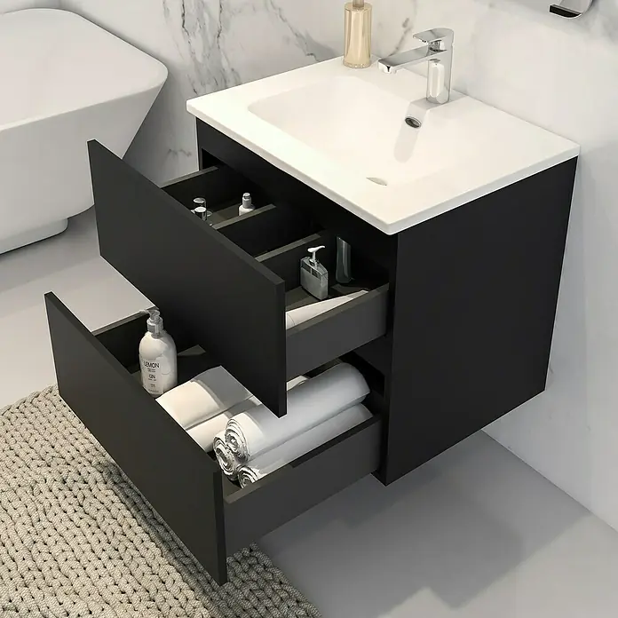 Disbain Conjunto de mueble de baño Vega - Ancho: 60 cm, Negro, 2 pzs. - Un tocador de baño moderno con dos cajones abiertos, que ofrece soluciones de almacenamiento elegantes para cualquier baño.