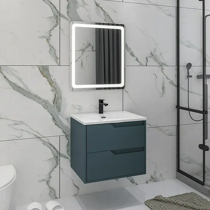 Disbain Conjunto de mueble de baño Casiopea - Ancho: 60 cm, Azul manhatan, 3 pzs. - Tocador de baño moderno con mueble azul y espejo LED contra pared de mármol para un diseño elegante y funcional.