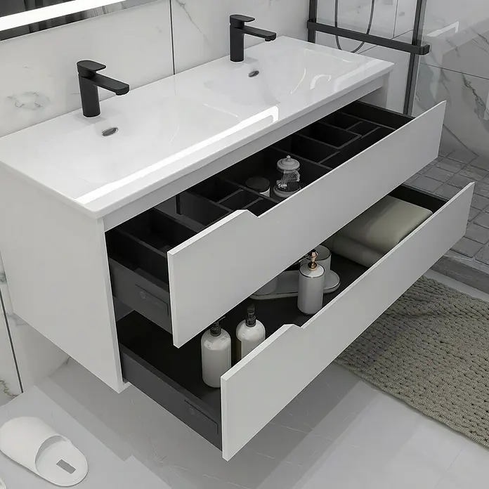 Disbain Conjunto de mueble de baño Casiopea - Ancho: 120 cm, Blanco, 3 pzs. - Mueble de baño con dos cajones. El mueble es blanco y los cajones están abiertos, mostrando el contenido.